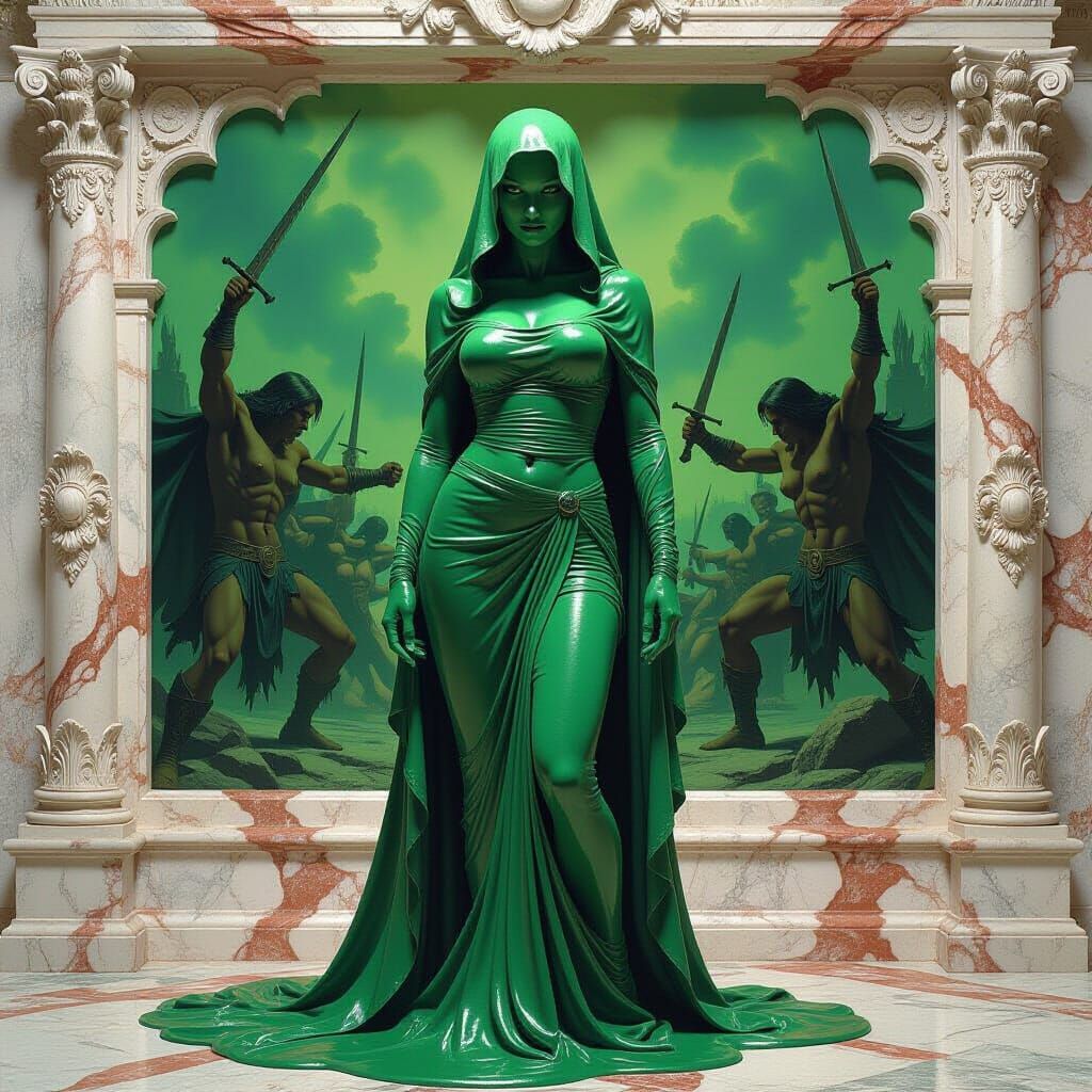 Ooze Creature Before Marble Frieze, in Dark Fantasy Style