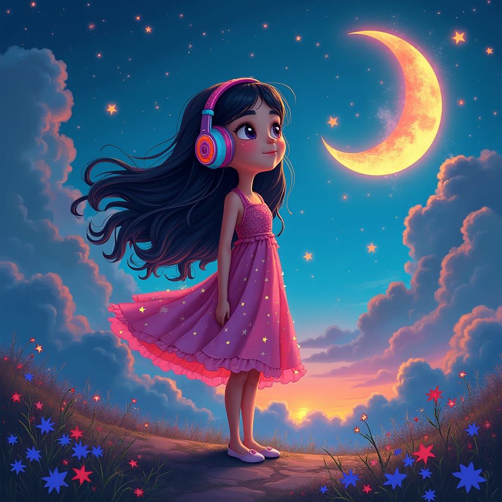 Dreamy Cartoon Girl Lost in Music, Fantasy Nightscape