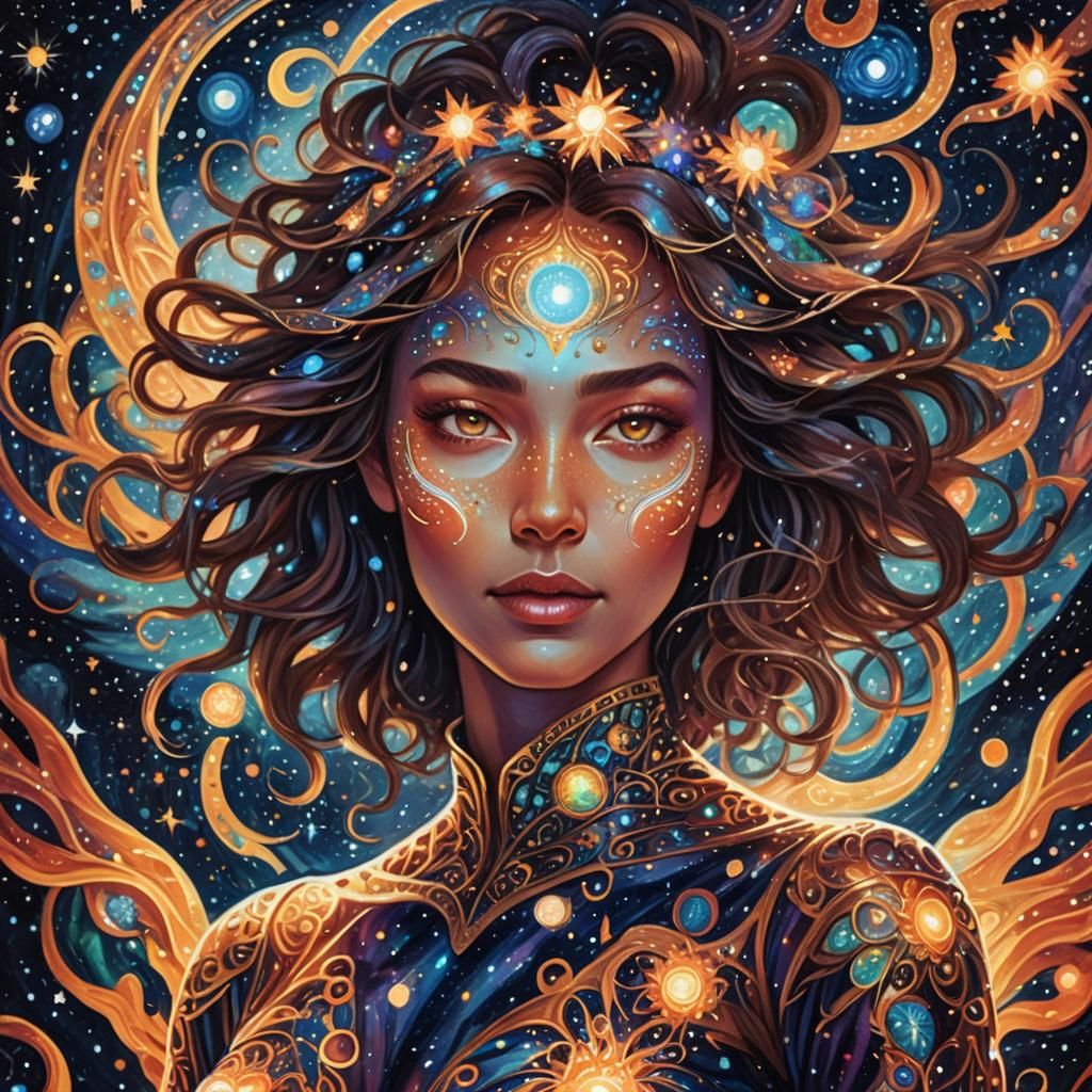 Woman Radiating Love in Cosmic Astral Energy