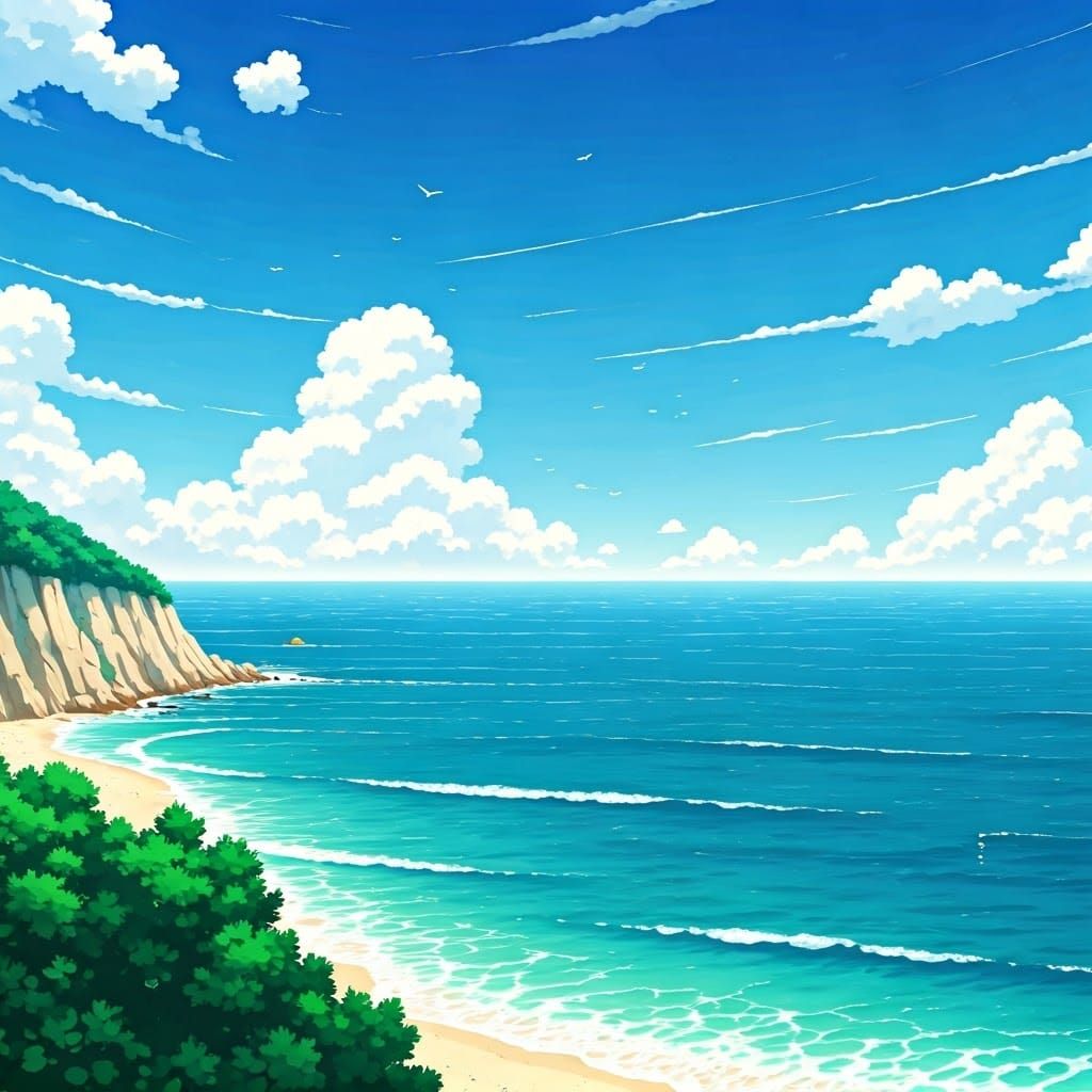 Japanese Seaside Scene in Anime Style