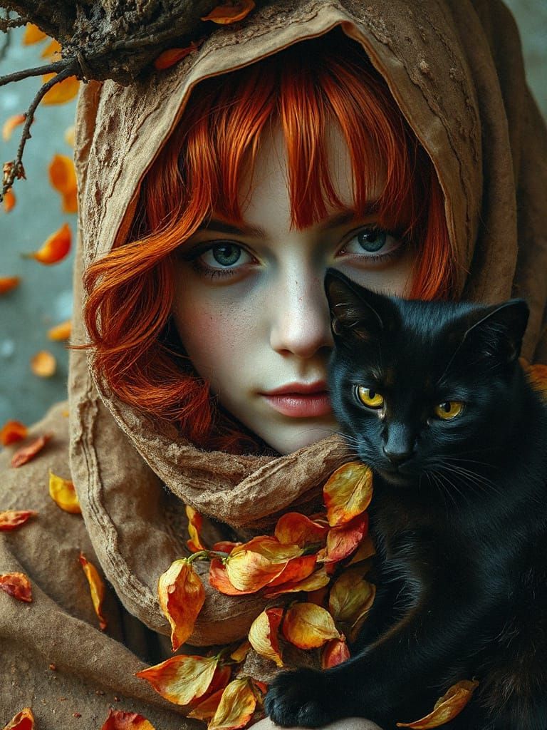 Crimson Haired Woman With Black Cat, Vibrant Oil Painting