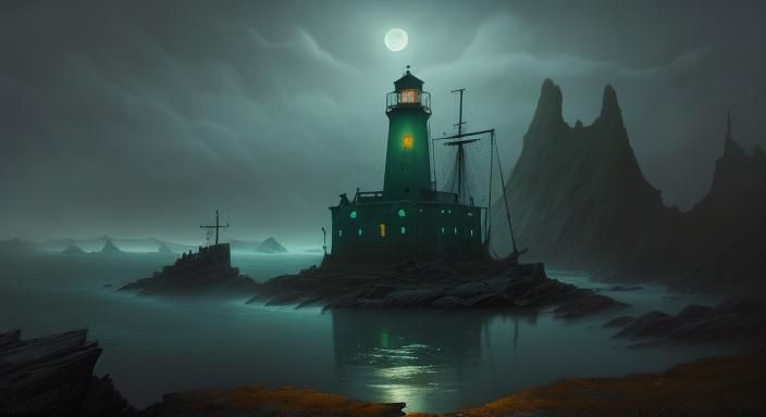 Eerie Ghost Ship at Lighthouse in Green Mist