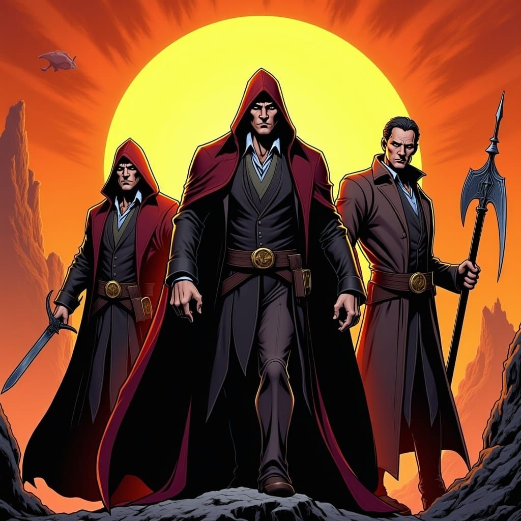 Heroic Trio Confronts Blazing Sun in Comic Book Style