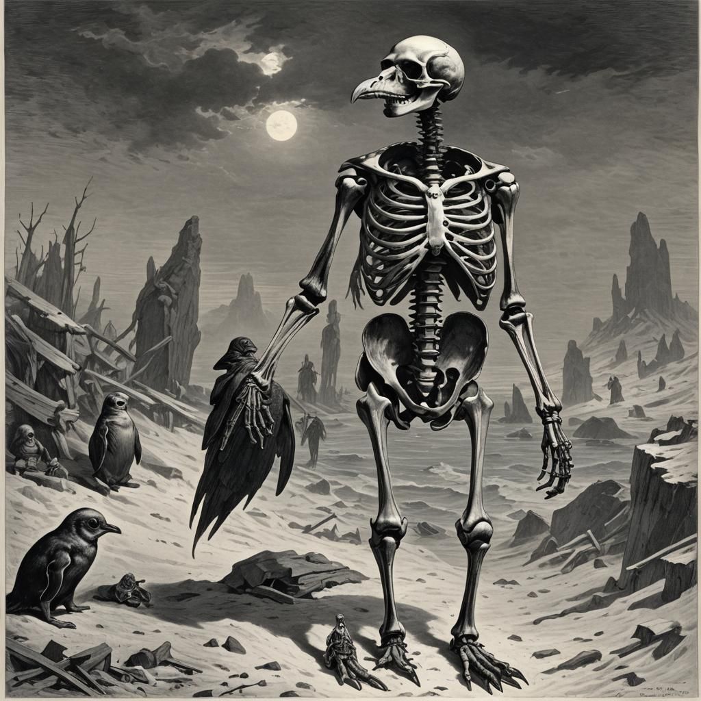 Penguin Skeleton: Gothic Horror Illustration