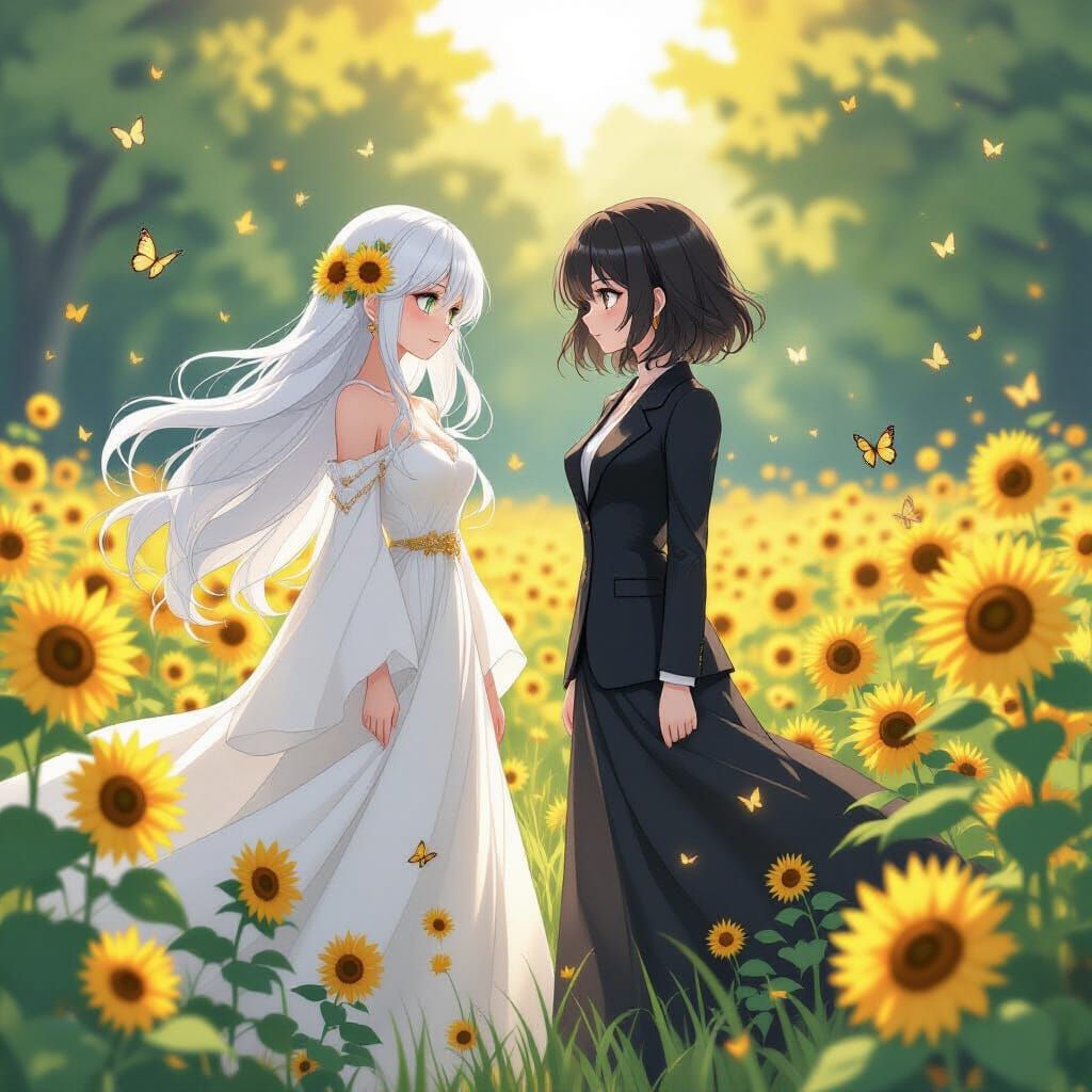 Anime Women in Sunflower Meadow, Ethereal Style