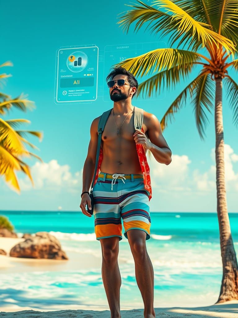 Tropical Beach Freelancer with AR Interface