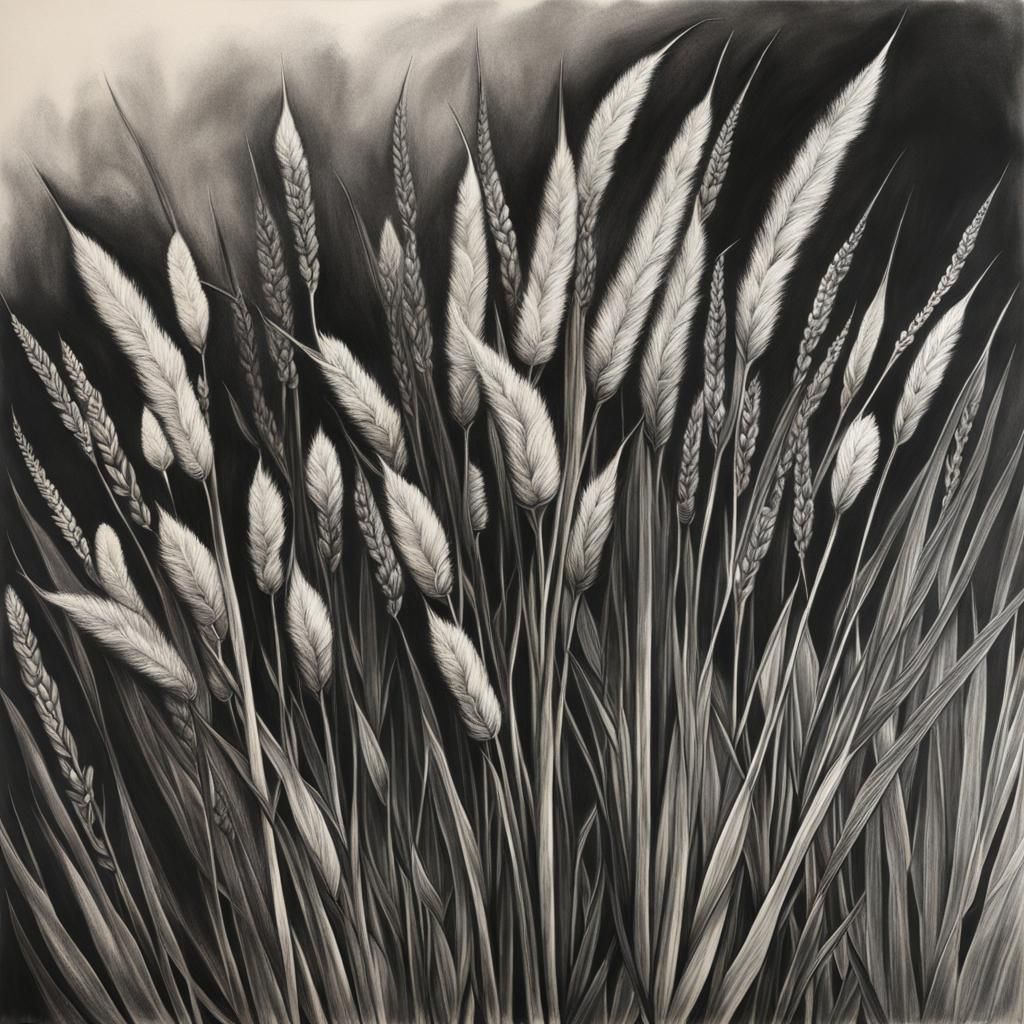 Hyperdetailed Charcoal Drawing of Western Cattail Flowers