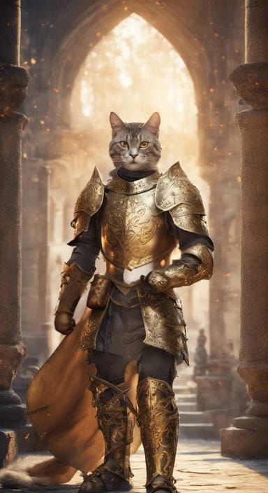 Regal Cat Knight in Gold Armor