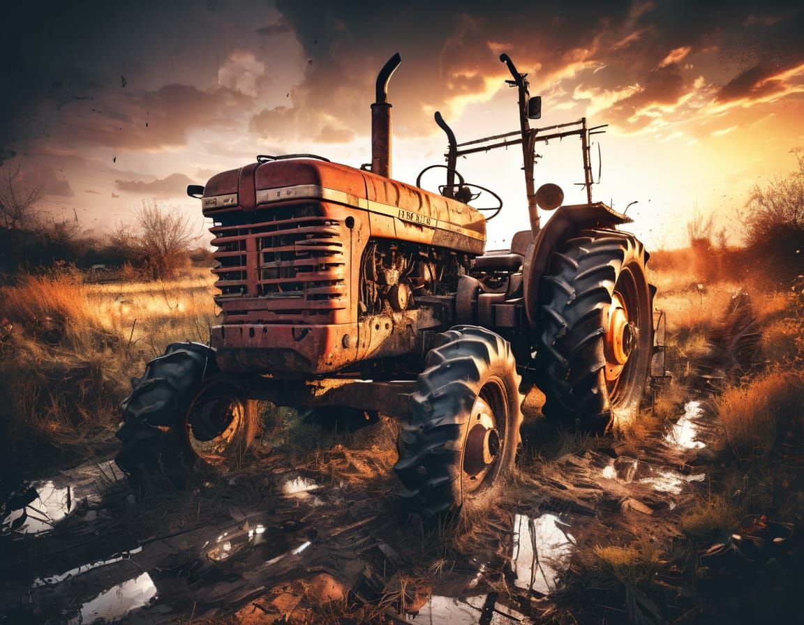 Broken Tractor Sunset Double Exposure Landscape