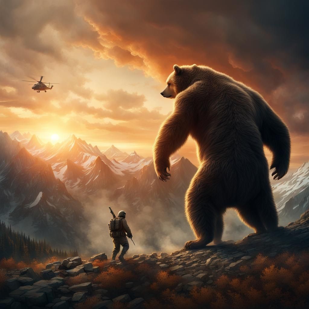 Giant Bear Confronts Soldier at Sunset: Digital Matte Painti...