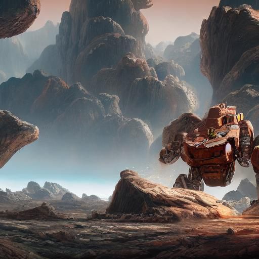 Rock Monster vs Robot on Saturn in Detailed Matte Painting