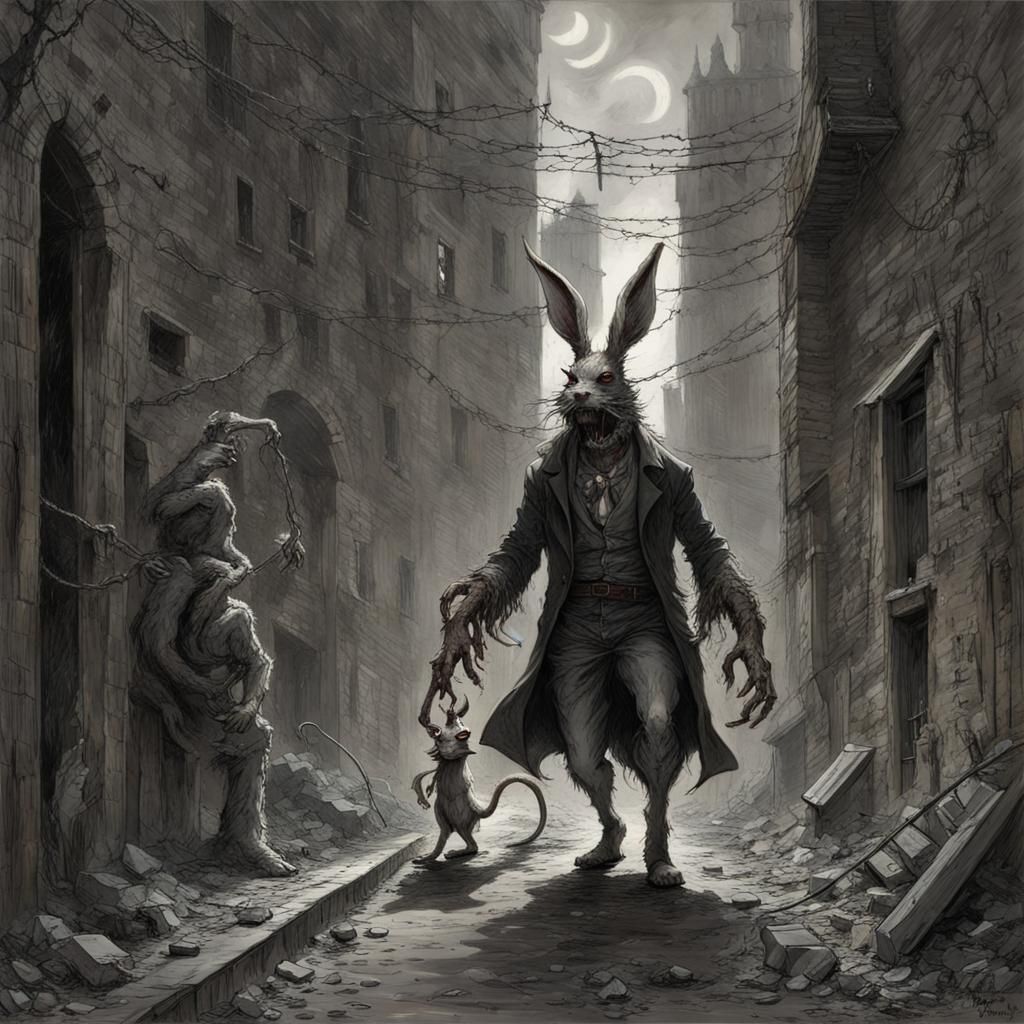 Body Horror Wererabbit in Steampunk Alley