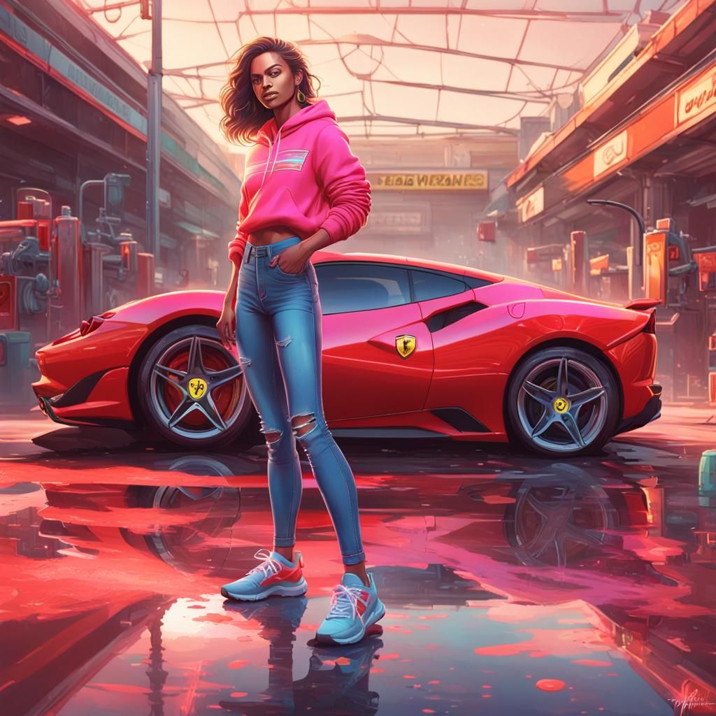 Cartoon Woman at Carwash: Hyperdetailed Digital Portrait