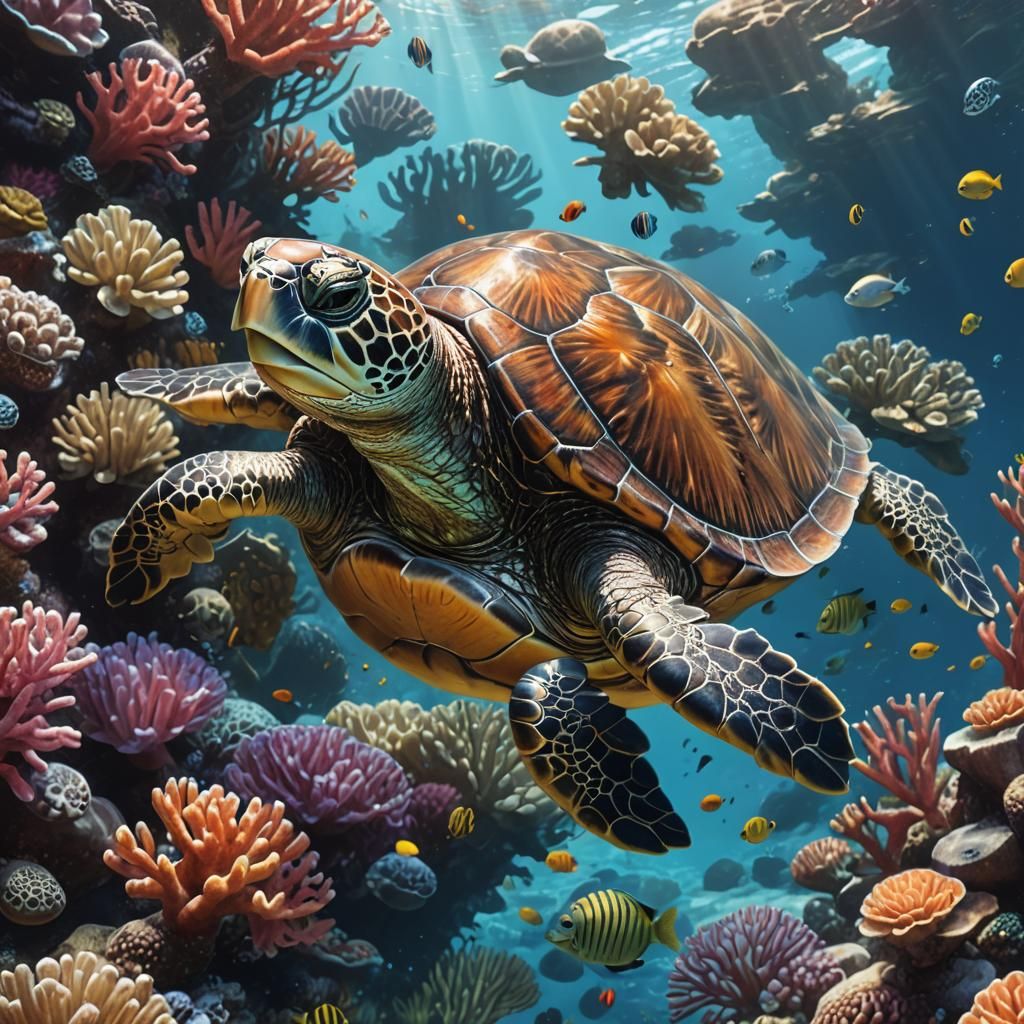 Turtle in Coral Reef: Detailed Digital Portrait