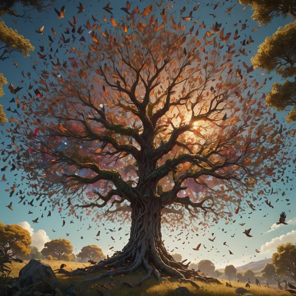 Majestic Tree with Birds in Vibrant Digital Painting