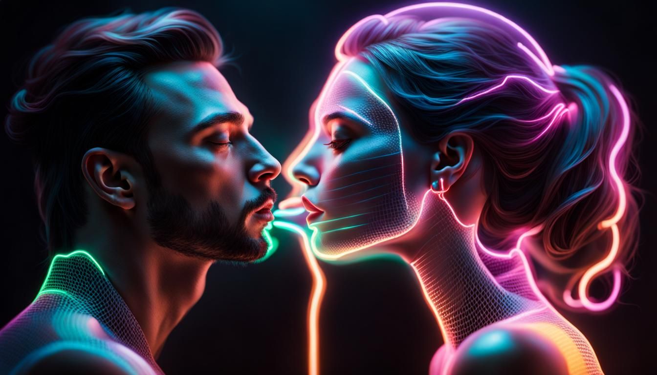 Man Kisses Hologram in Neon Chiaroscuro
