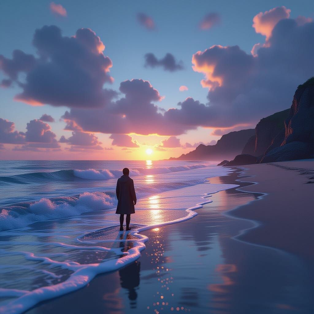 Lone Figure by Shore in Epic 3D Landscape