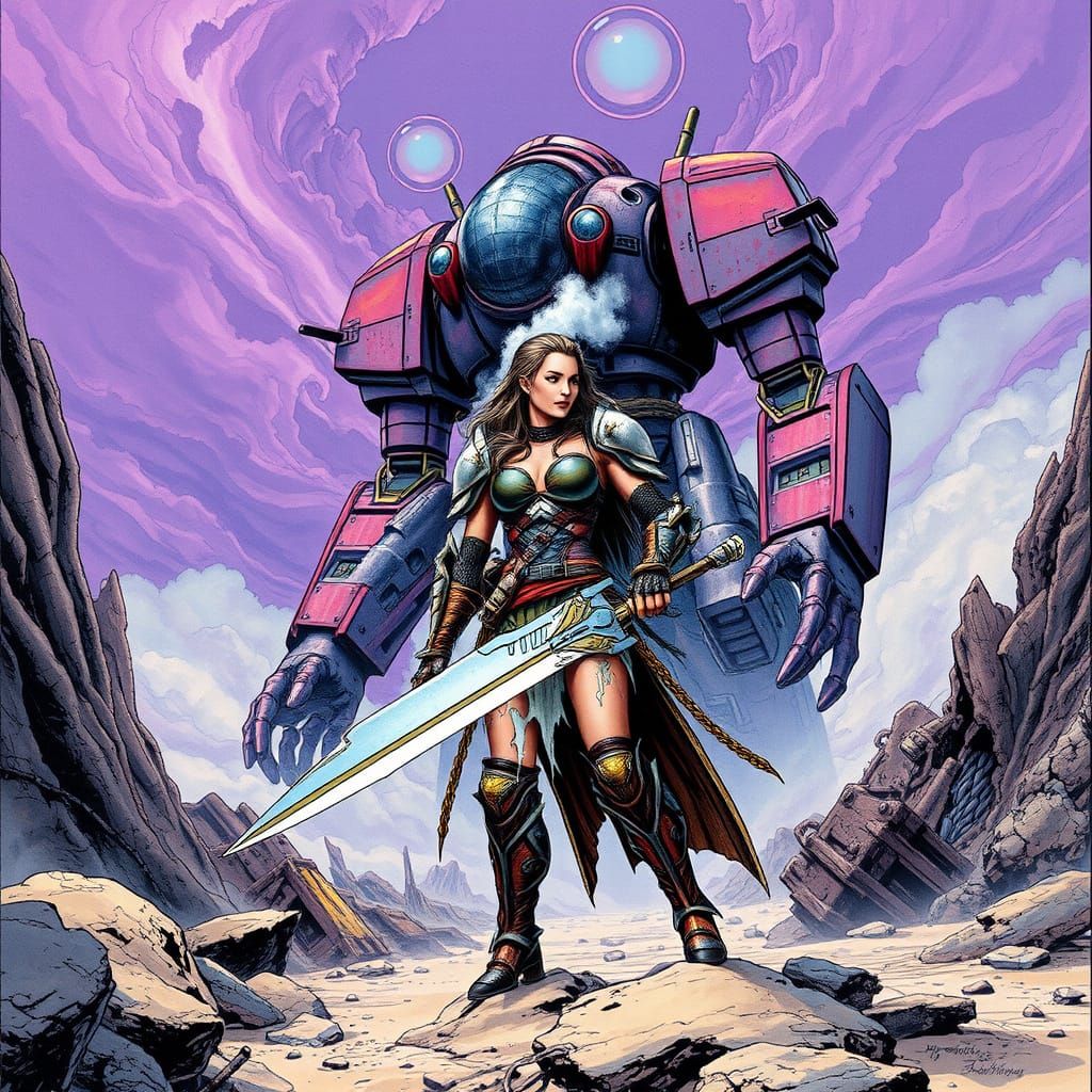 Defiant Warrior on Alien Battlefield in Comic Style