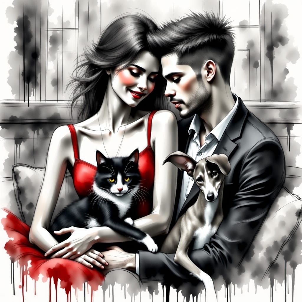 Elegant Couple with Pets in Charcoal and Ink Style