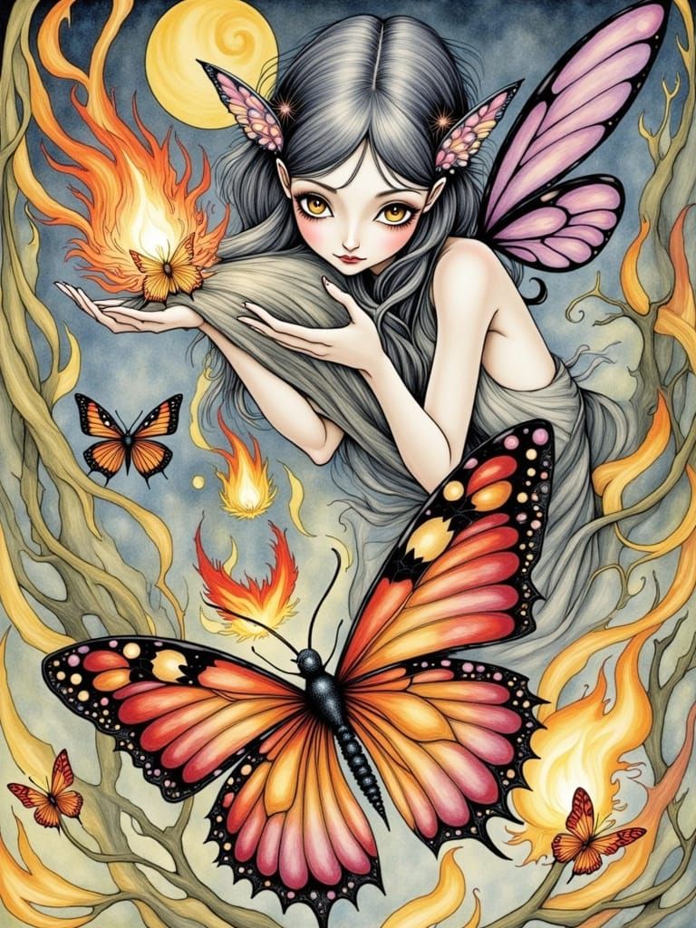 <lora:Flame Dusklings:1.0> Fire fairy folk frolic in a blaze