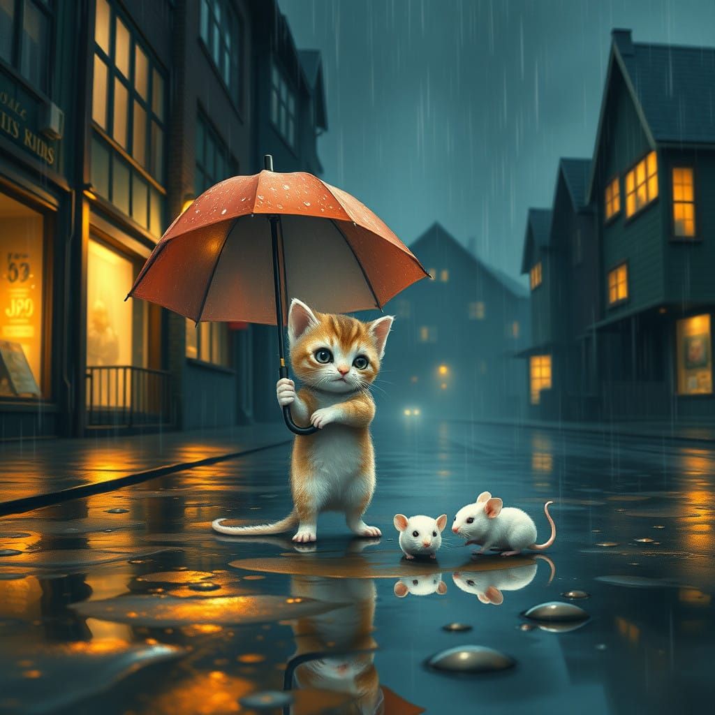 Kitten Saves Mother Mouse and Babies from Rain by Holding Um...