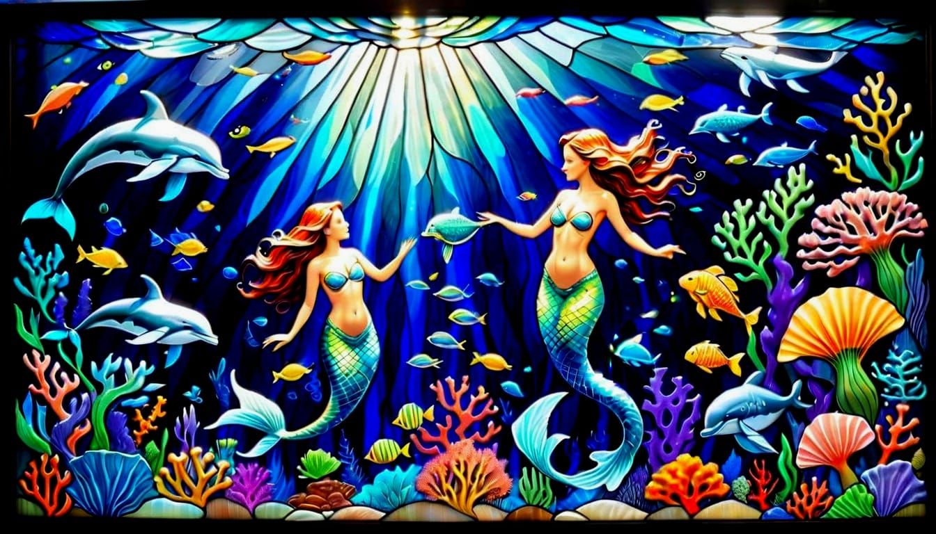 Surreal Stained Glass Mermaids Swim in Vibrant Oceanic Scene