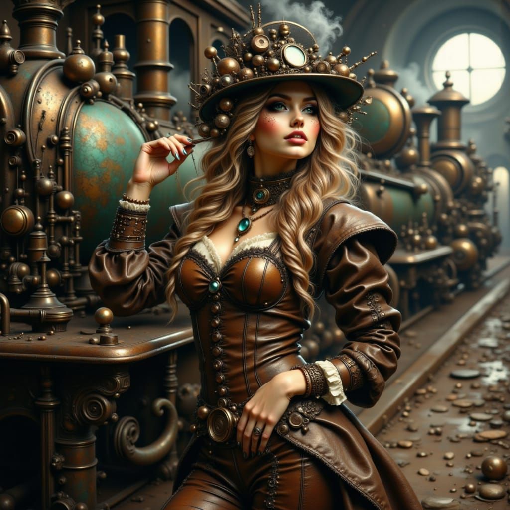 Confident Steampunk Woman by Old Locomotive
