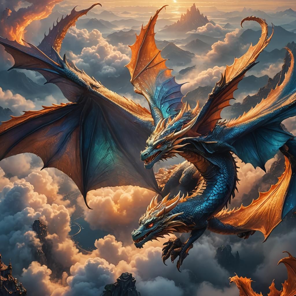 Dragon Woman Soaring at Misty Dawn: Digital Art