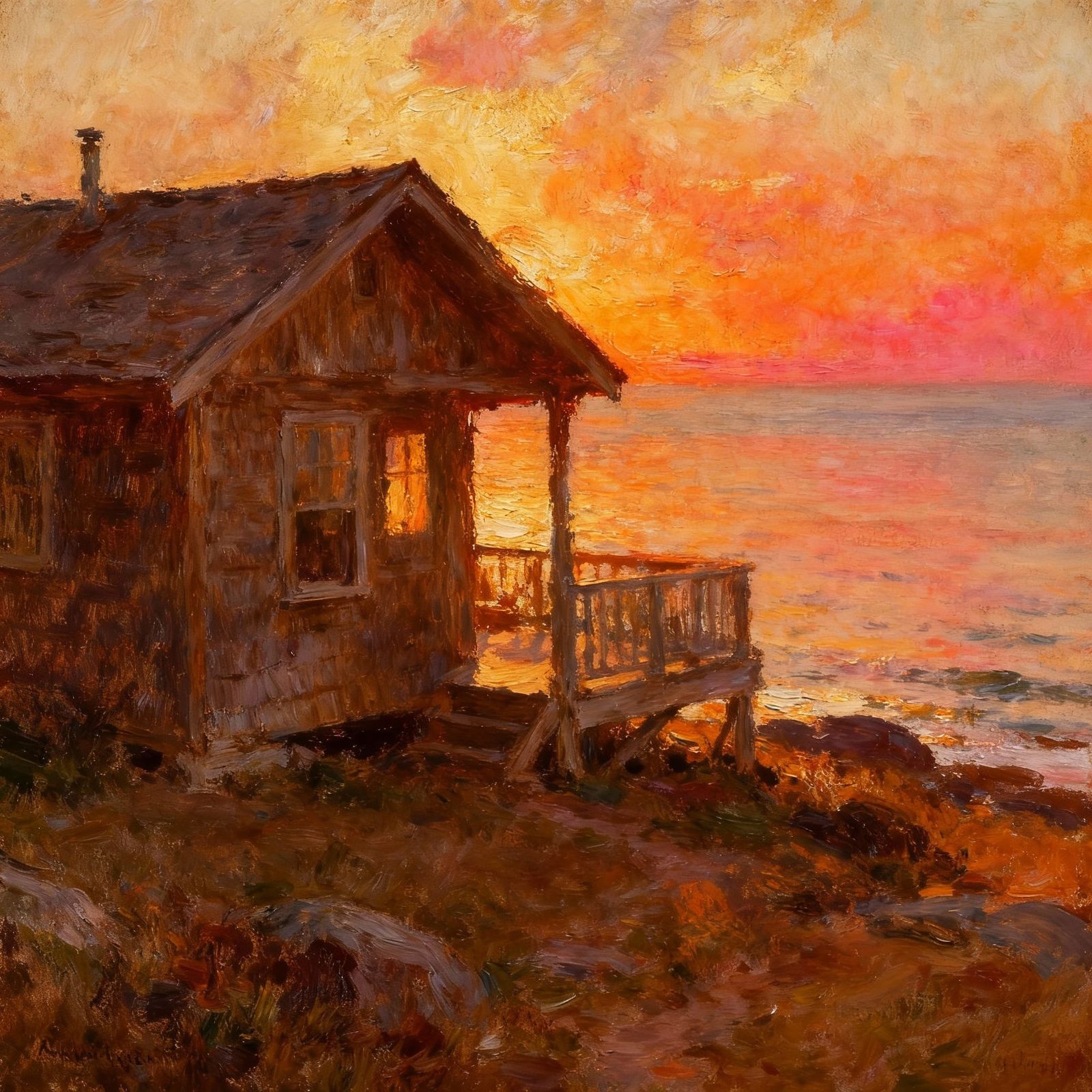 Calm Sea Sunset View From Wooden Chalet Oil Painting