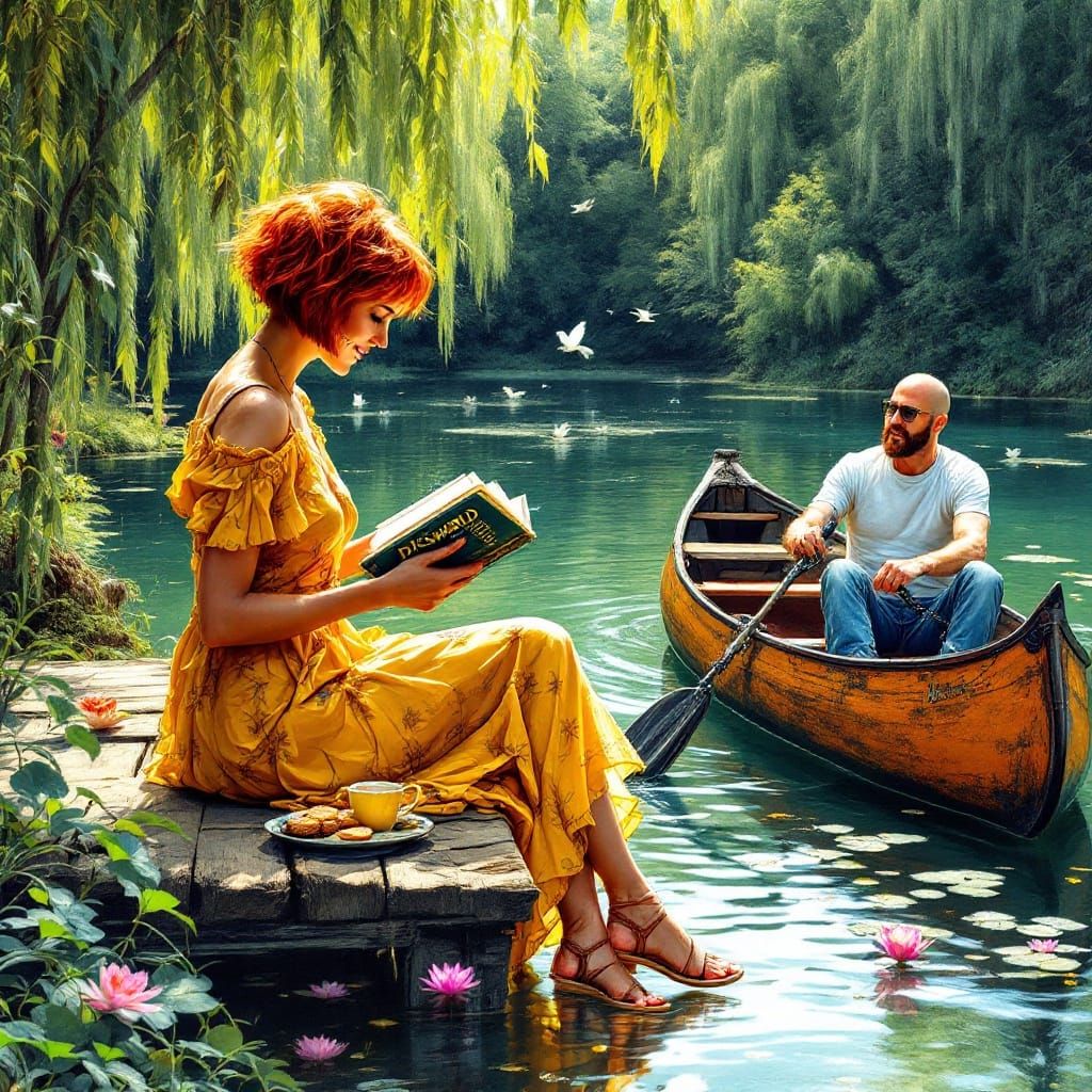 Serene Woman Reads by Lake in Whimsical Scratchwork Art