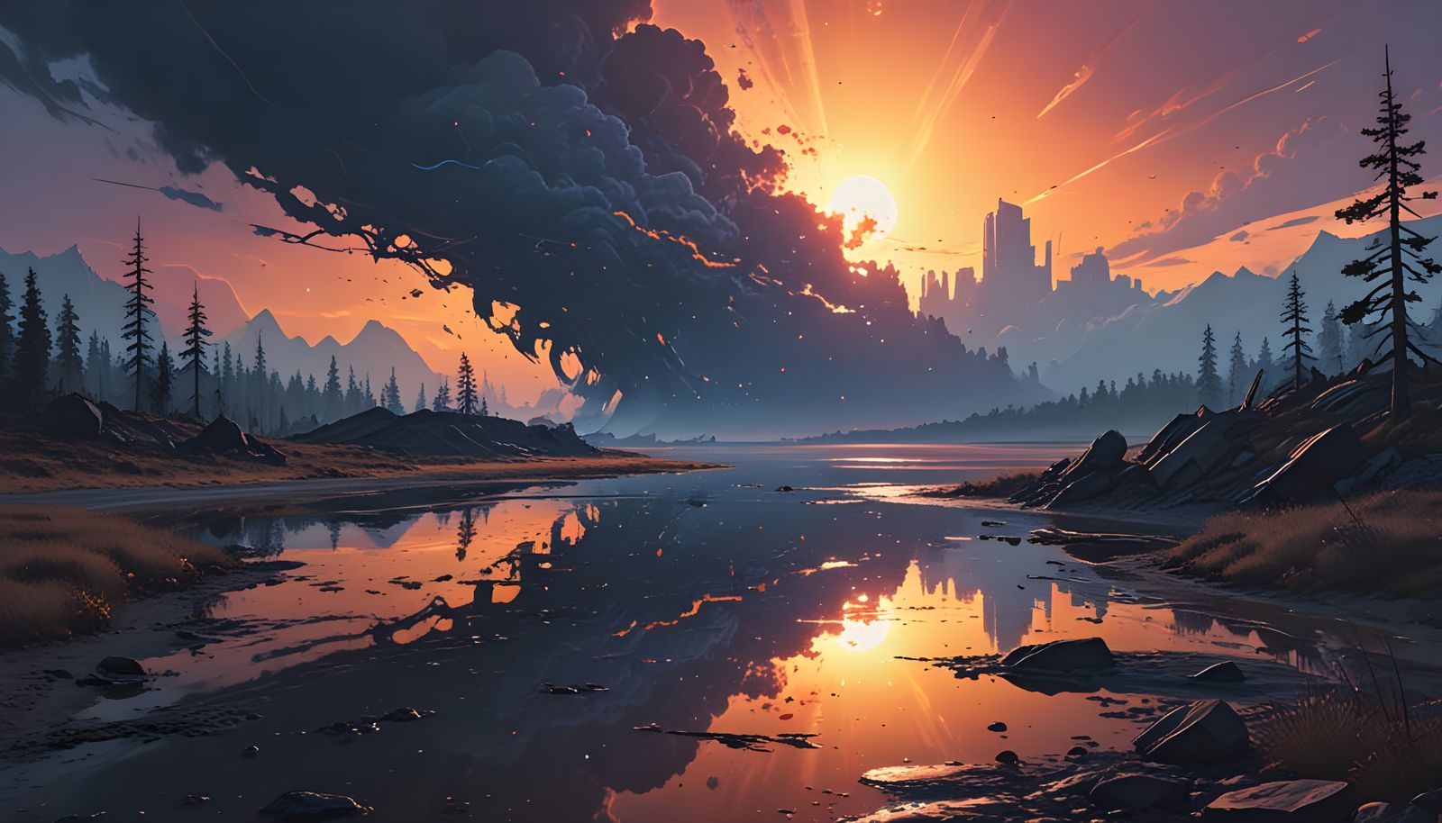 Cosmic Beach Seascape with Chrome Ocean and Swirling Nightma...