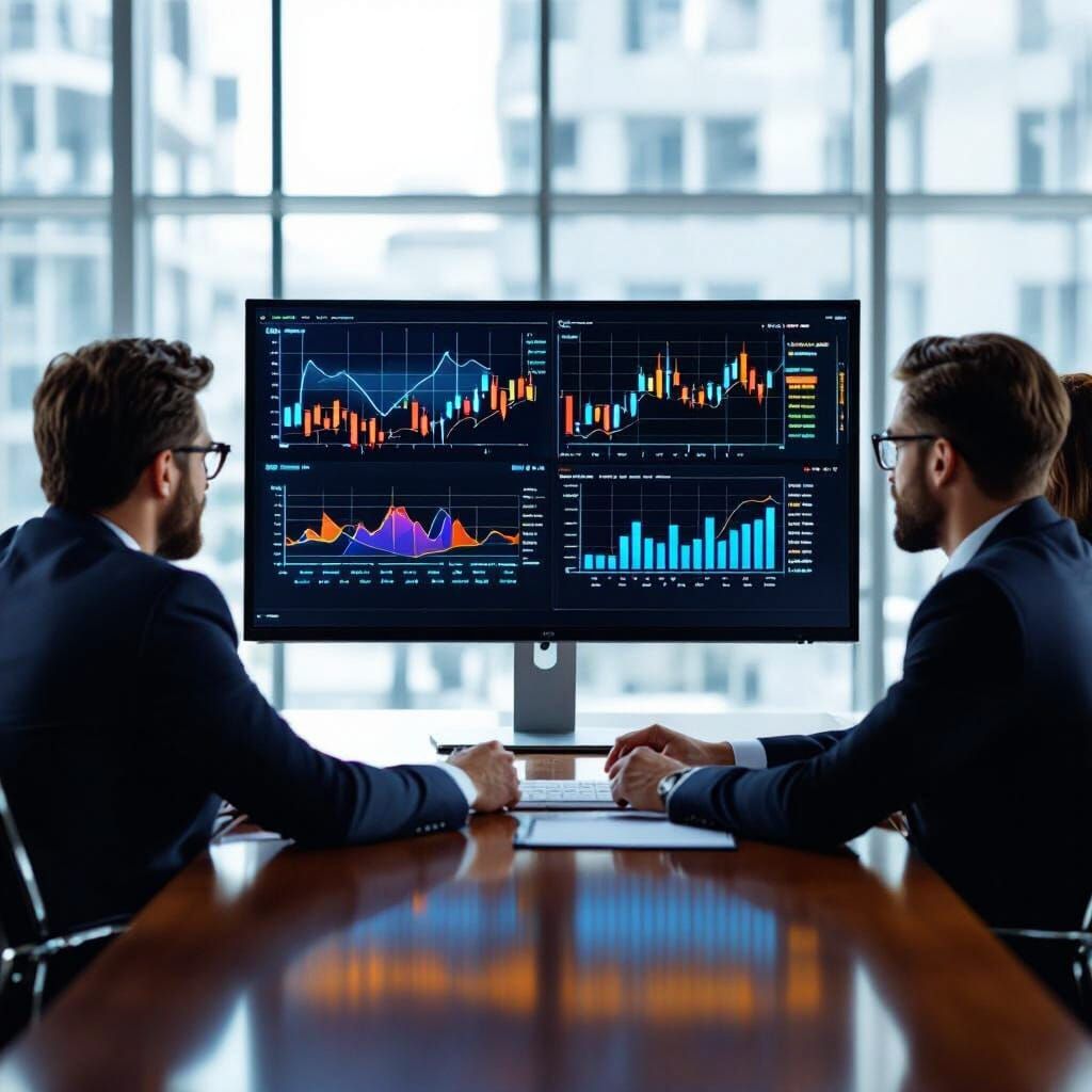Business Team Reviews Financial Graphs on Shared Monitor