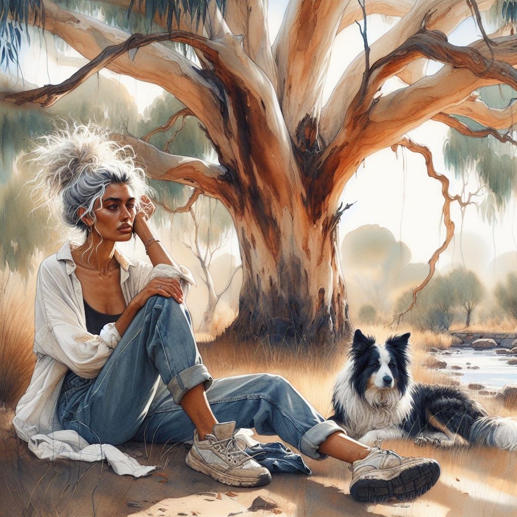 Relaxed Woman with Dog in Australian Bush, Watercolor Style