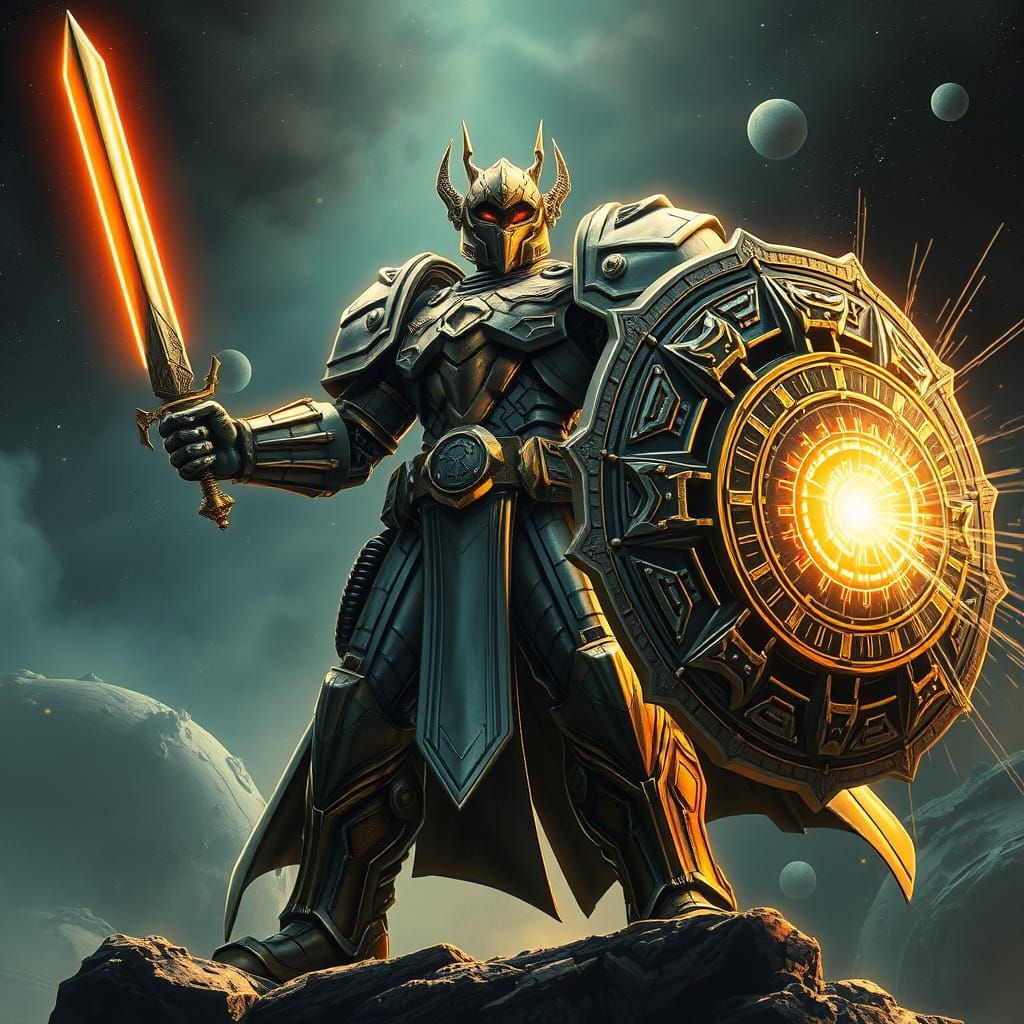 Cyberpunk Space Knight with Plasma Sword and Energy Shield