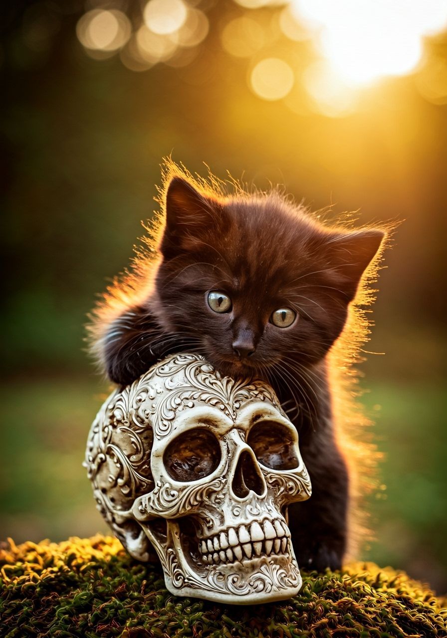 Cute Black Kitten on Engraved Skull