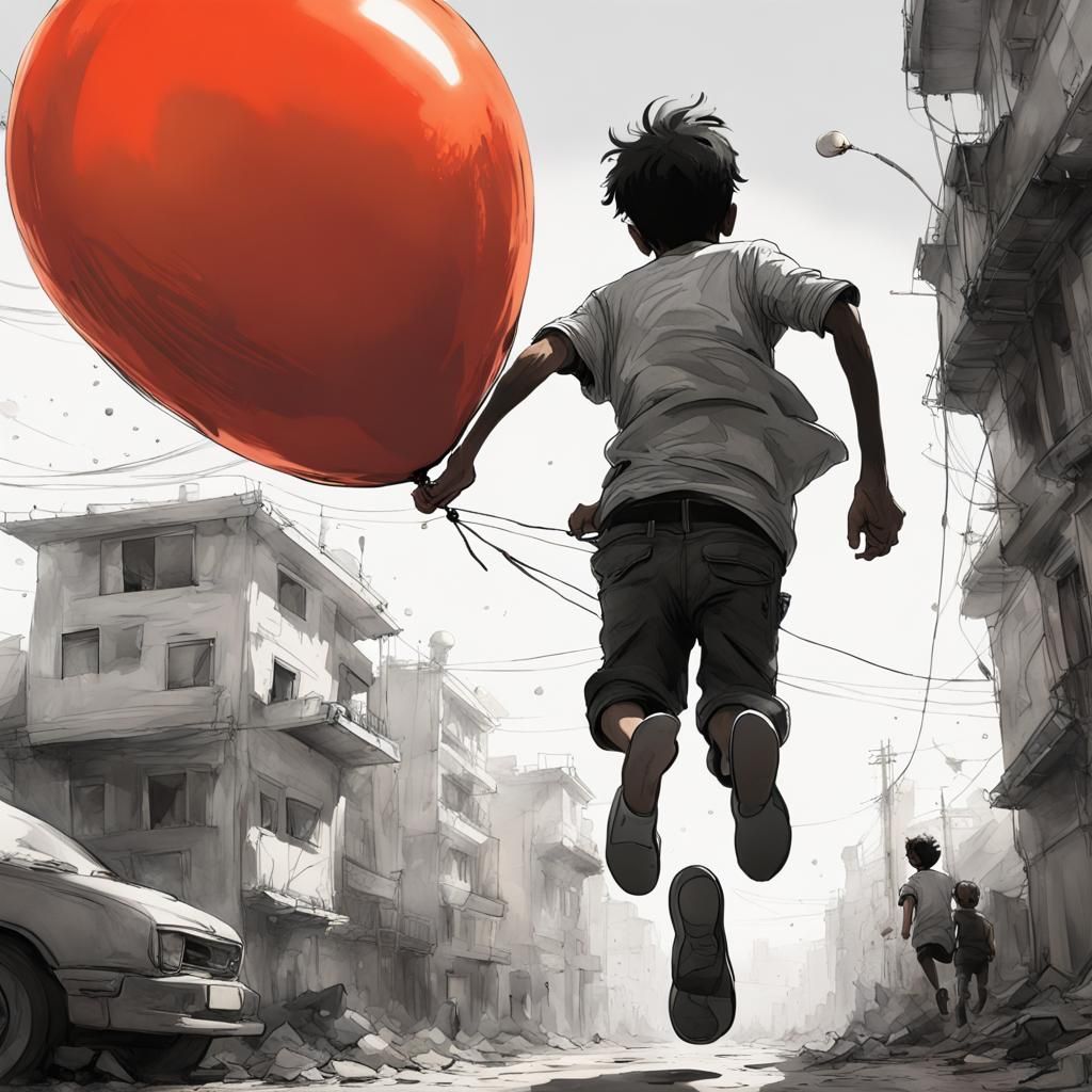 Boy with Red Balloon in Gaza: Watercolor Art