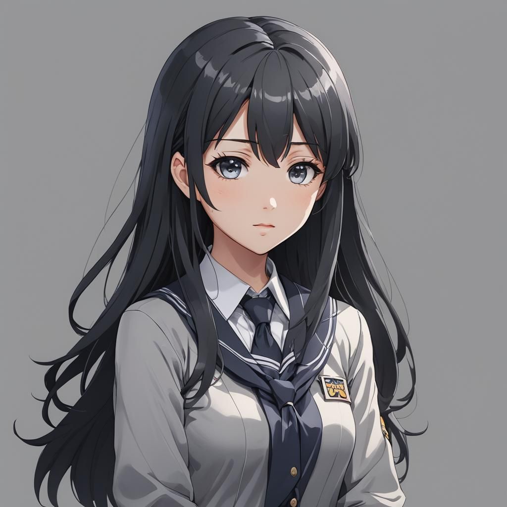Shy Anime Girl in School Uniform, Cel-Shaded Style