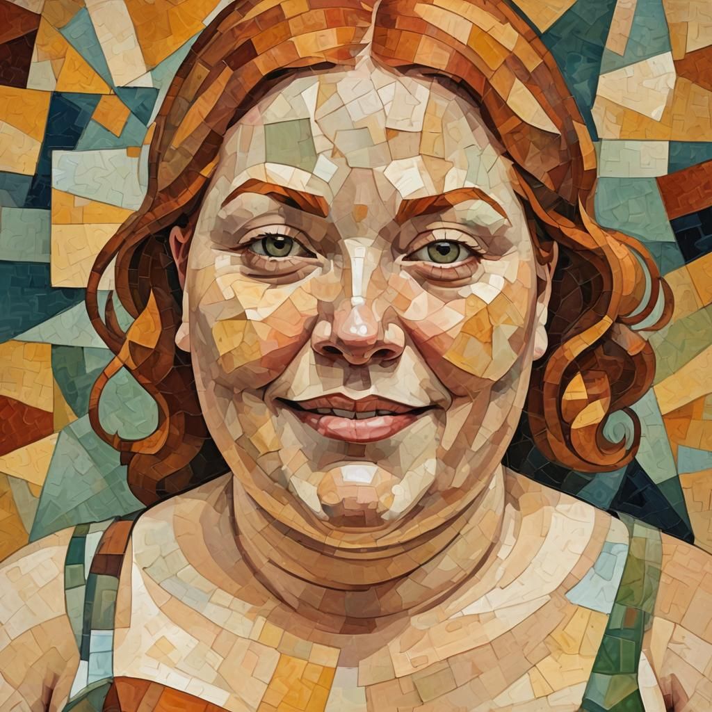 Smirking chubby natural redhead, abstract cubism Euclidean, smirking, bright