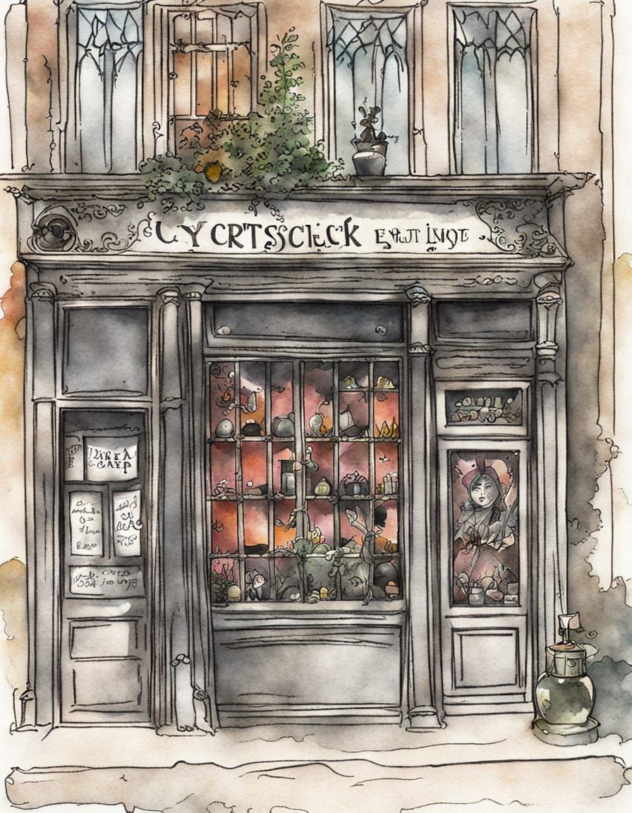 Enchanted Crystal Boutique in Whimsical Ink and Watercolor
