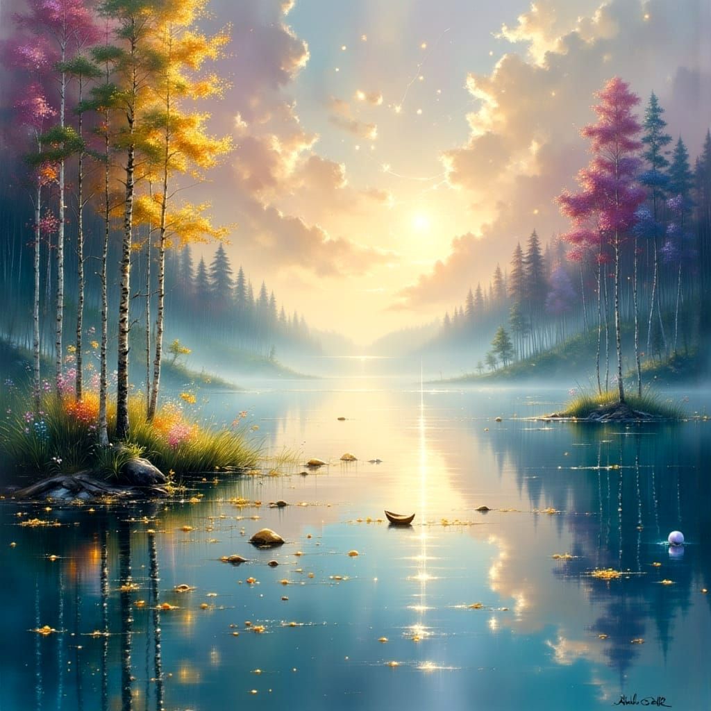 Surreal Ethereal Scene with Soft Glowing Orbs and Swirling L...