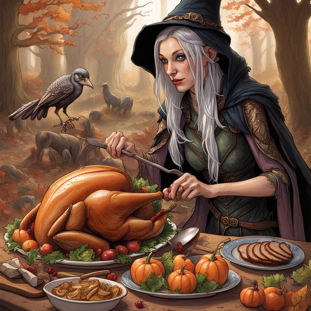Elven Witch Carving a Turkey