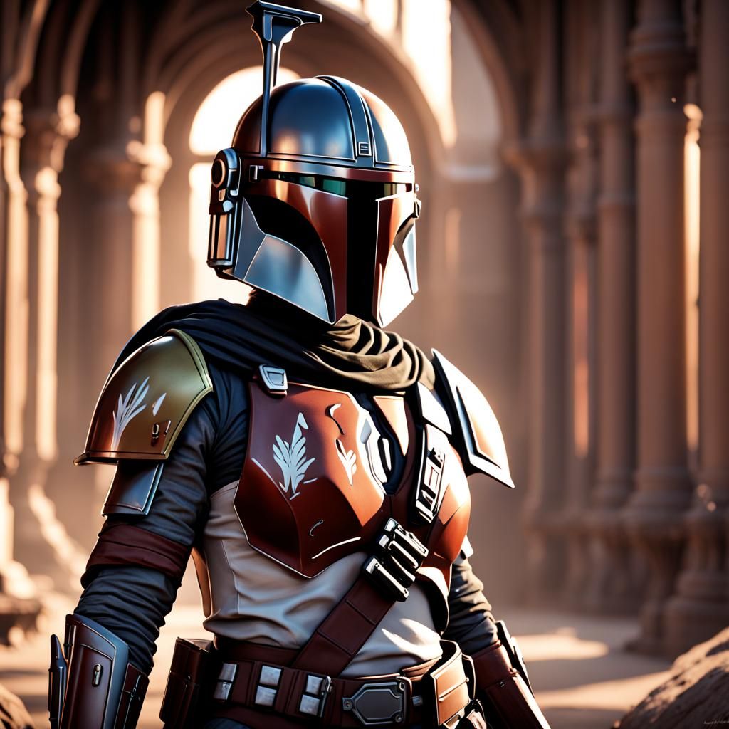 Posing Female Mandalorian in Detailed Matte Painting