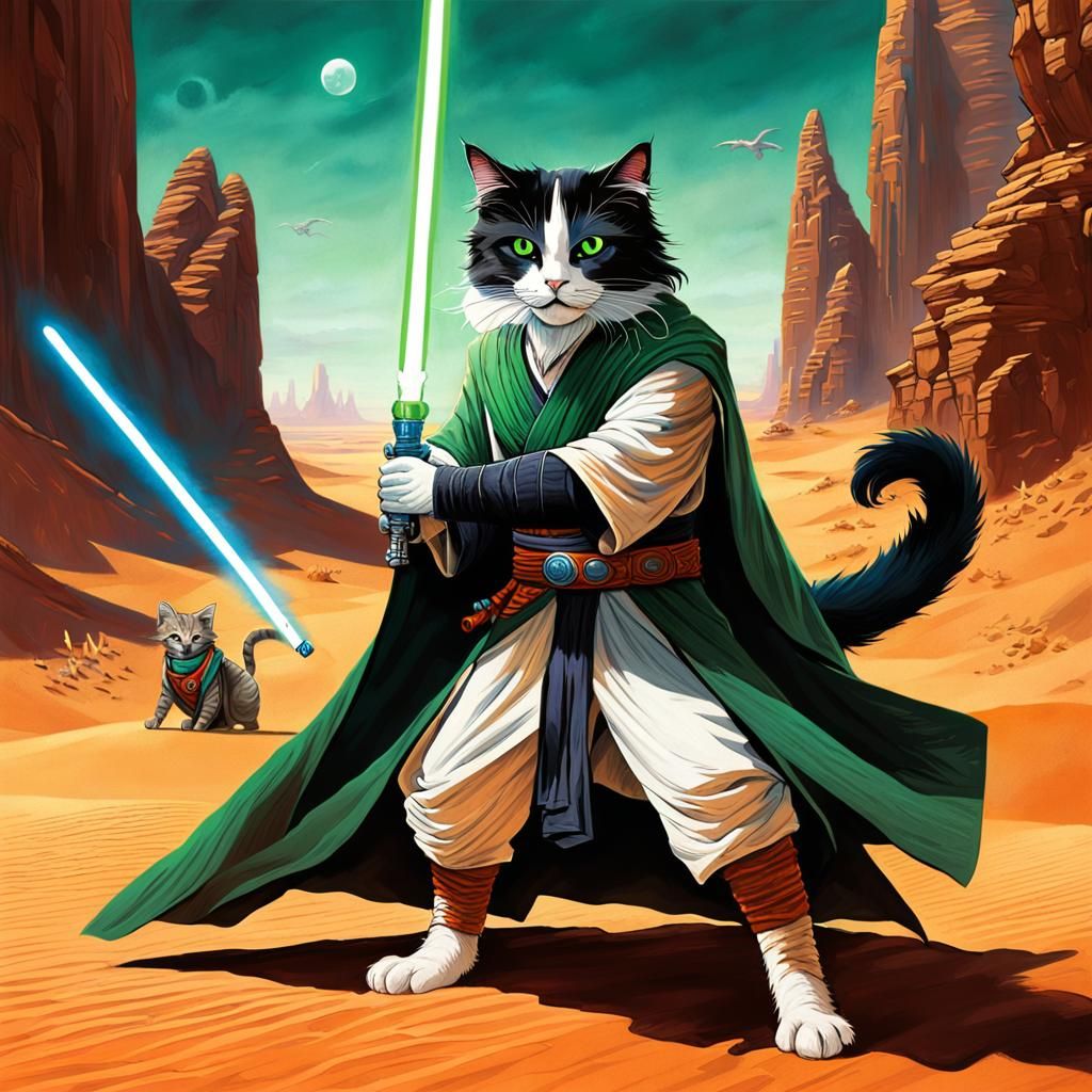 Cat Jedi Defends Against Dragon on Tatooine