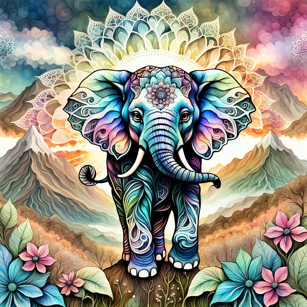 Intricate Watercolor Baby Elephant Face