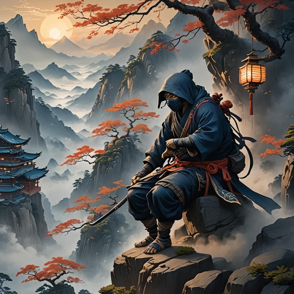 Ninja on Misty Ledge: Ukiyo-e Inspired Art