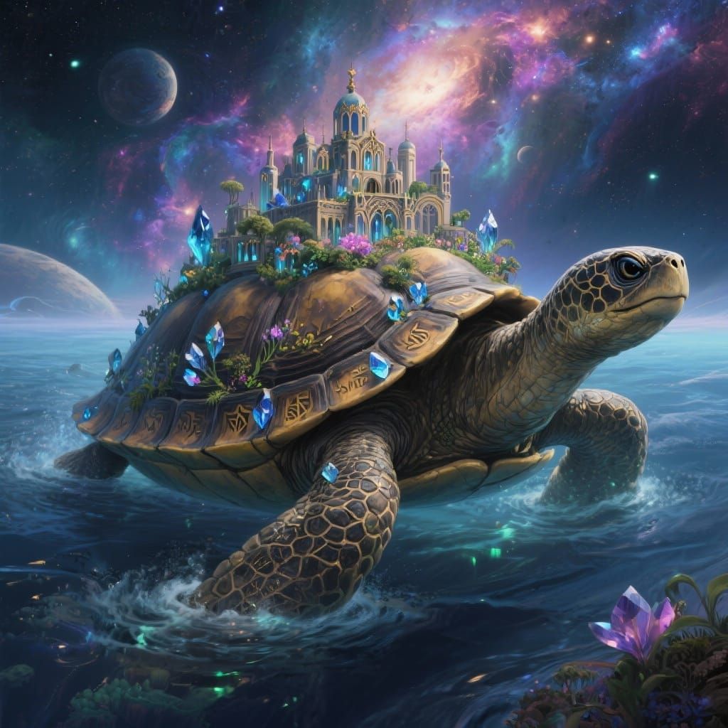 Ancient Tortoise City Drifting Through Cosmic Ocean