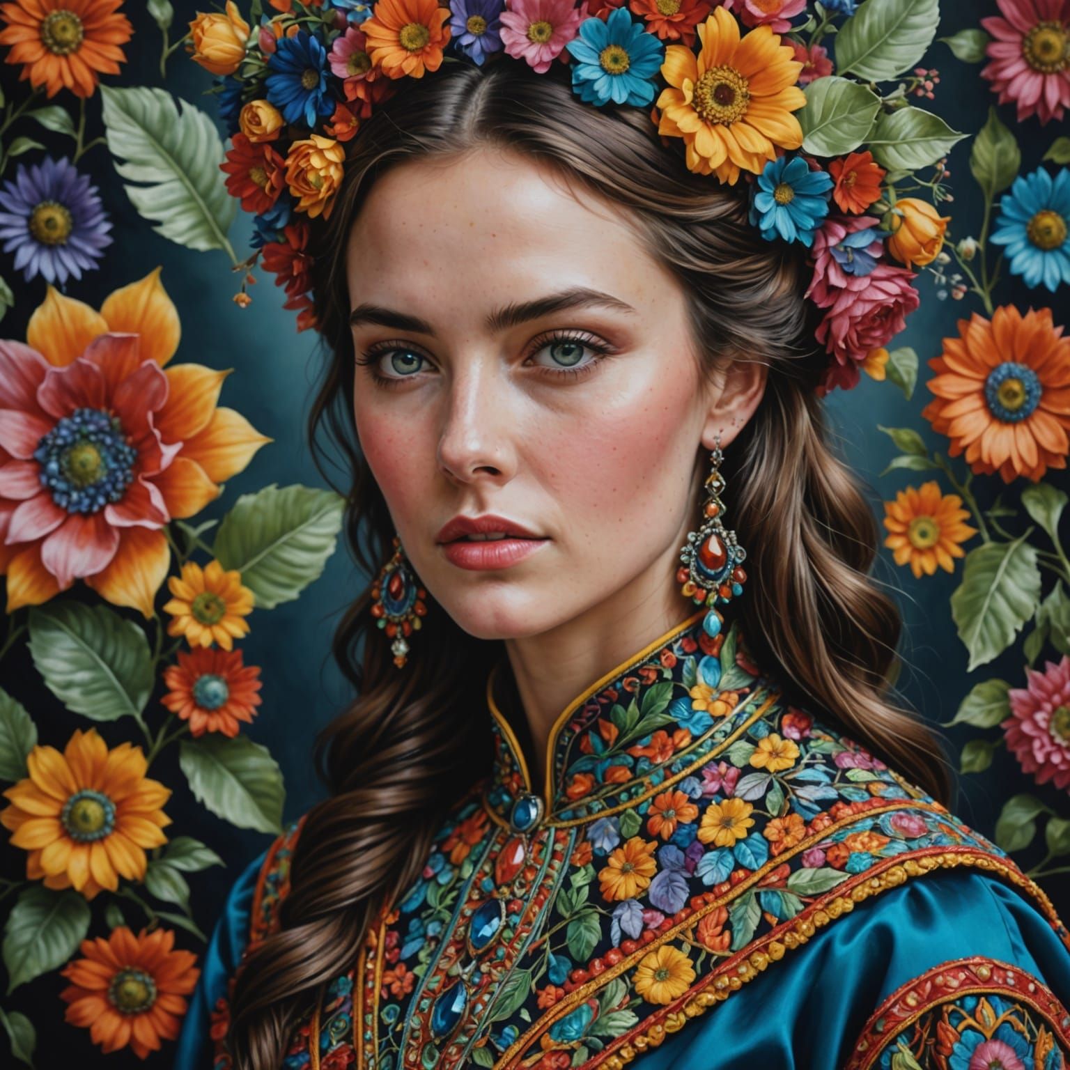A beautiful woman wearing intricately detailed colorful clot...