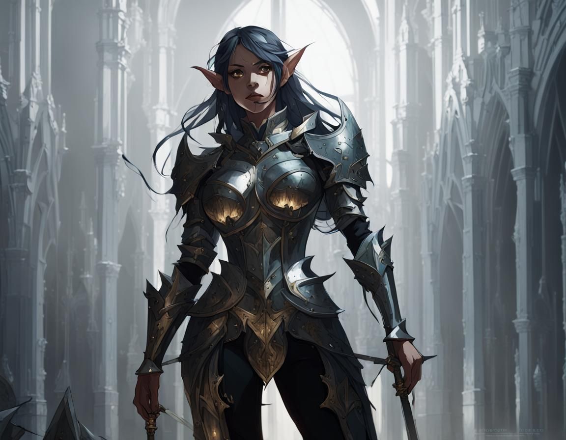 Elven Warrior in Gothic Cathedral, Anime Concept Art