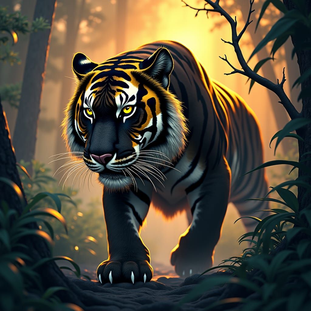 Black and Gold Tiger in Jungle Illustration