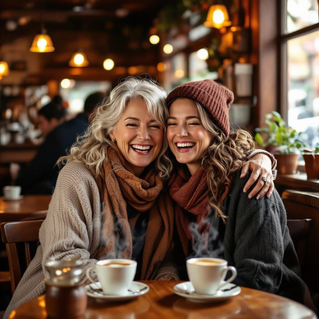 Heartwarming Reunion at Cozy Cafe, Illustration Style